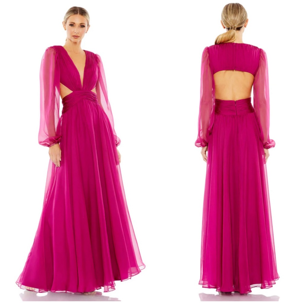 Mac Duggal Ruched Cut Out Puff Sleeve A Line Gown Size 10